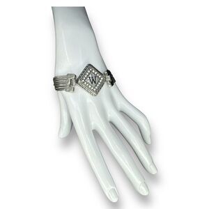 Multi Chain Initial "W" Bracelet w/ Rhinestone Accents Silver Tone 7" Monogram